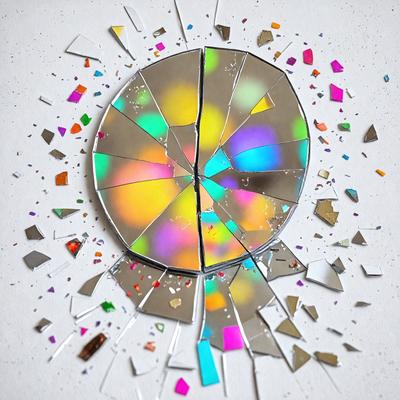 The primary subject of the image is a broken mirror with a colorful, rainbow-like pattern. The mirror is shattered into multiple pieces, creating a visually striking scene. The setting is a white background, which provides a clean and uncluttered environment for the mirror pieces. The visual style of the image is a combination of photo and digital art, as the mirror pieces are arranged in a way that resembles a painting or digital illustration. The colors and mood of the image are vibrant and lively